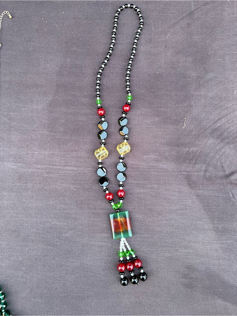 Handcrafted Multicolor Glass Beaded Pendant Necklace - Green Accent